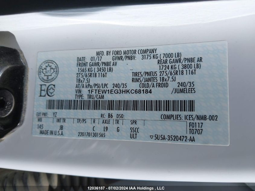 2017 Ford F-150 Xlt VIN: 1FTEW1EG3HKC68184 Lot: 12036187