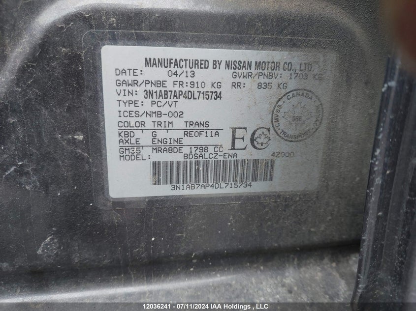 2013 Nissan Sentra VIN: 3N1AB7AP4DL715734 Lot: 12036241