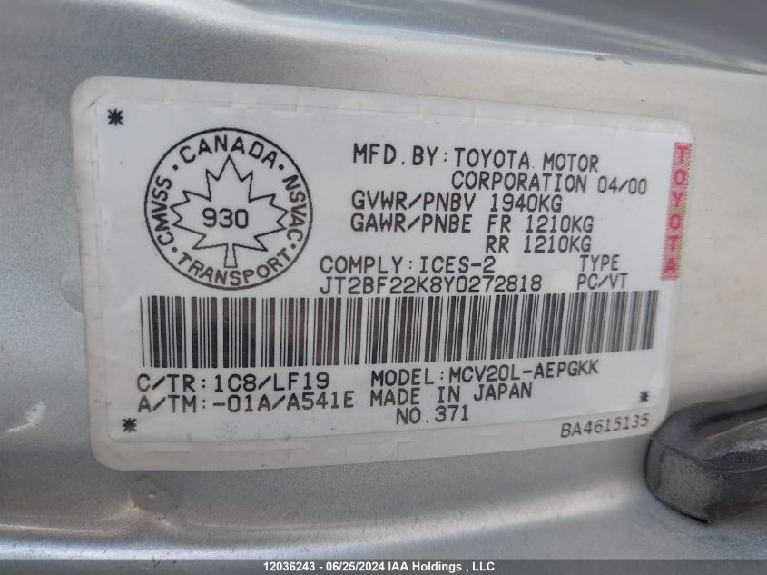 JT2BF22K8Y0272818 2000 Toyota Camry Xle V6