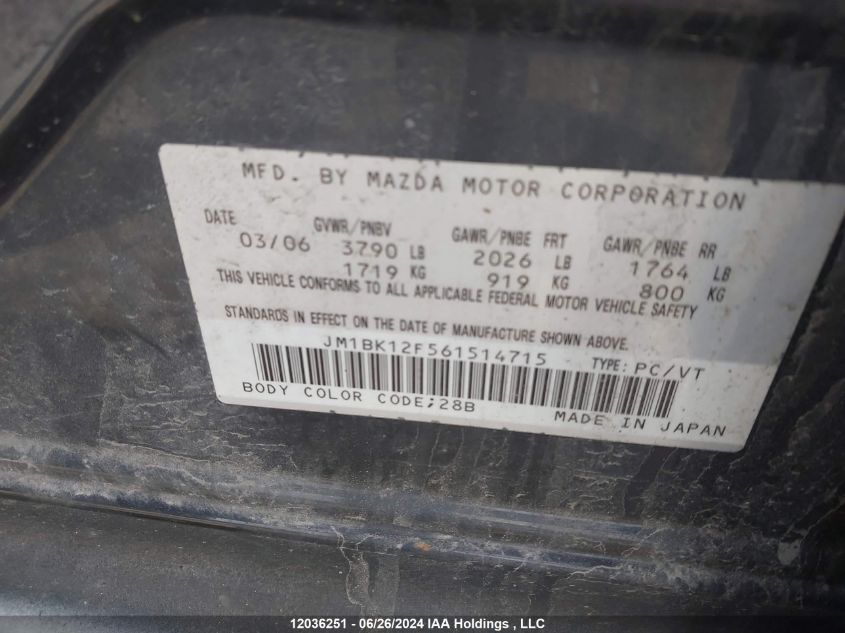 2006 Mazda Mazda3 VIN: JM1BK12F561514715 Lot: 12036251