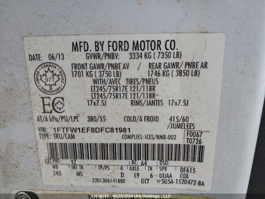 2013 Ford F150 Supercrew VIN: 1FTFW1EF8DFC81981 Lot: 12036253