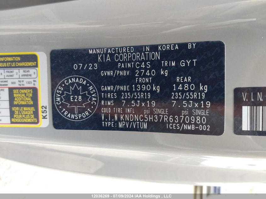 2024 Kia Carnival Ex VIN: KNDNC5H37R6370980 Lot: 12036269