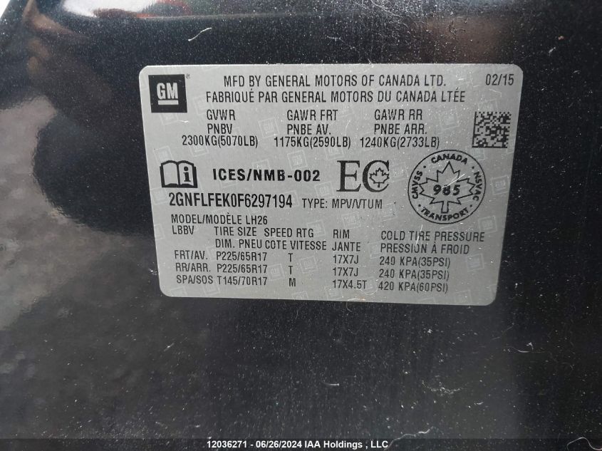 2015 Chevrolet Equinox VIN: 2GNFLFEK0F6297194 Lot: 12036271