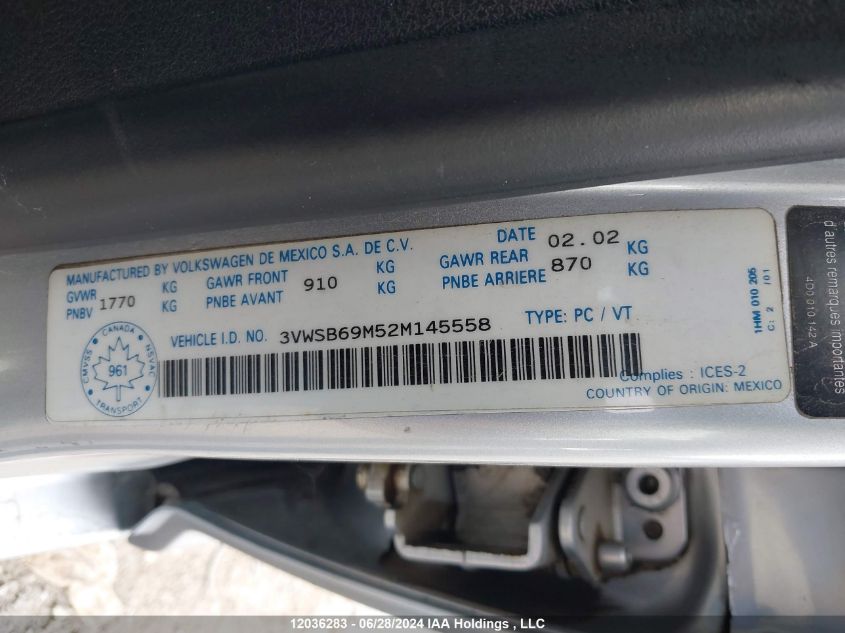 2002 Volkswagen Jetta VIN: 3VWSB69M52M145558 Lot: 12036283