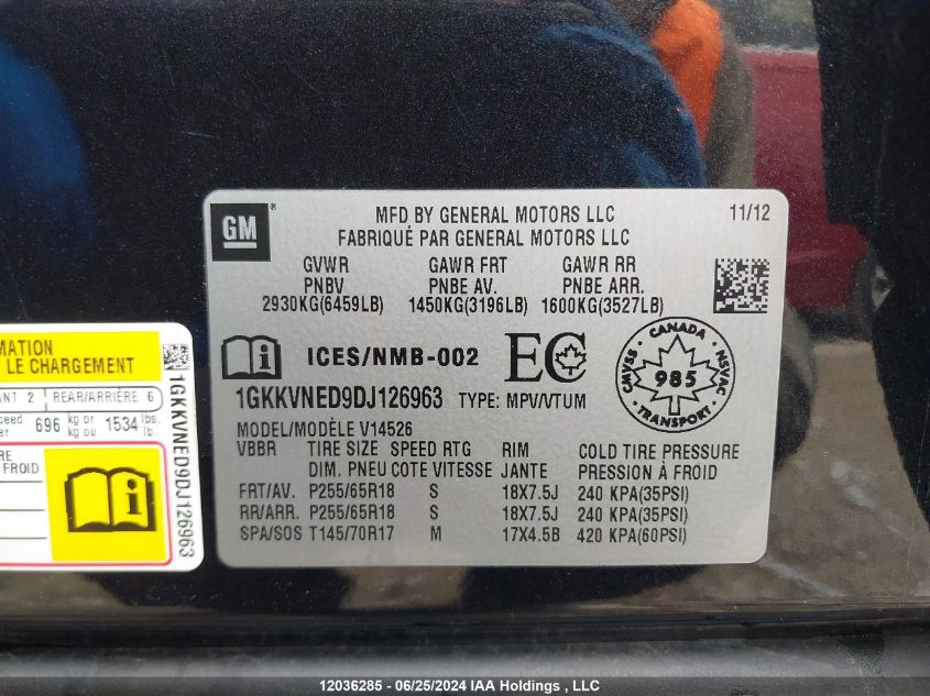 2013 GMC Acadia VIN: 1GKKVNED9DJ126963 Lot: 12036285