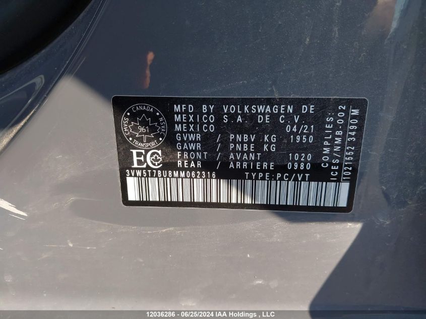 2021 Volkswagen Jetta VIN: 3VW5T7BU8MM062316 Lot: 12036286