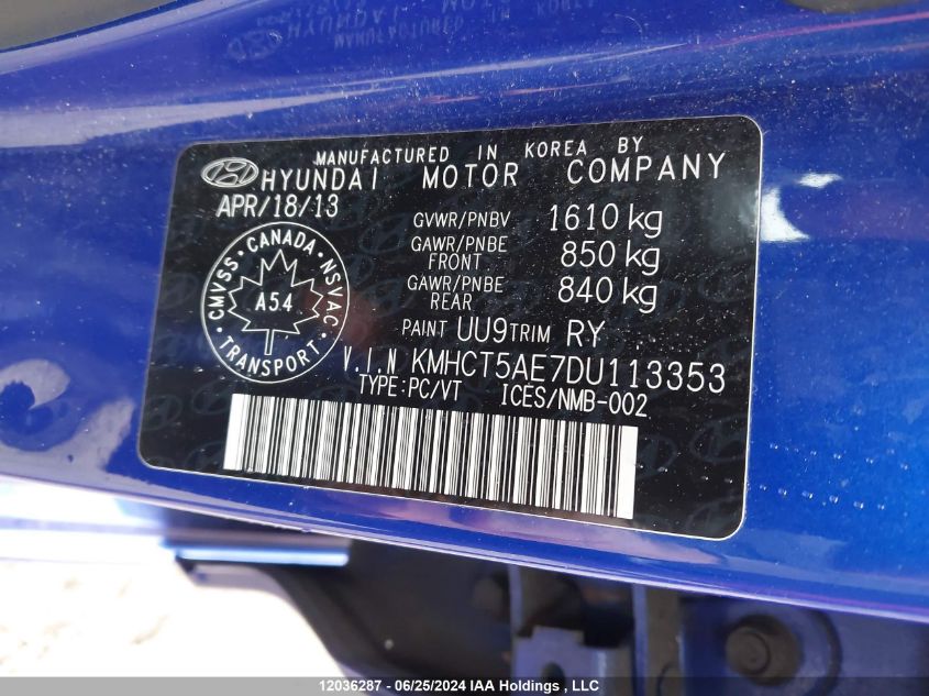 2013 Hyundai Accent Gl VIN: KMHCT5AE7DU113353 Lot: 12036287