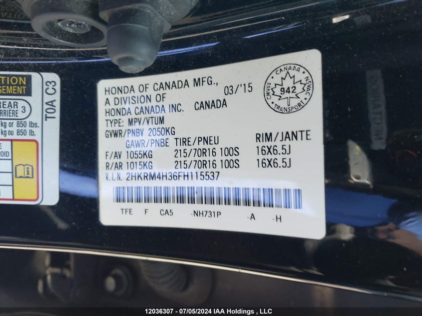 2015 Honda Cr-V VIN: 2HKRM4H36FH115537 Lot: 12036307