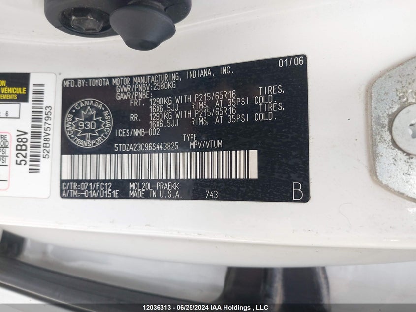 2006 Toyota Sienna Ce 7 Passenger/Ce 8 Passenger/Le 7 Passenger/Le 8 Passenger VIN: 5TDZA23C96S443825 Lot: 12036313