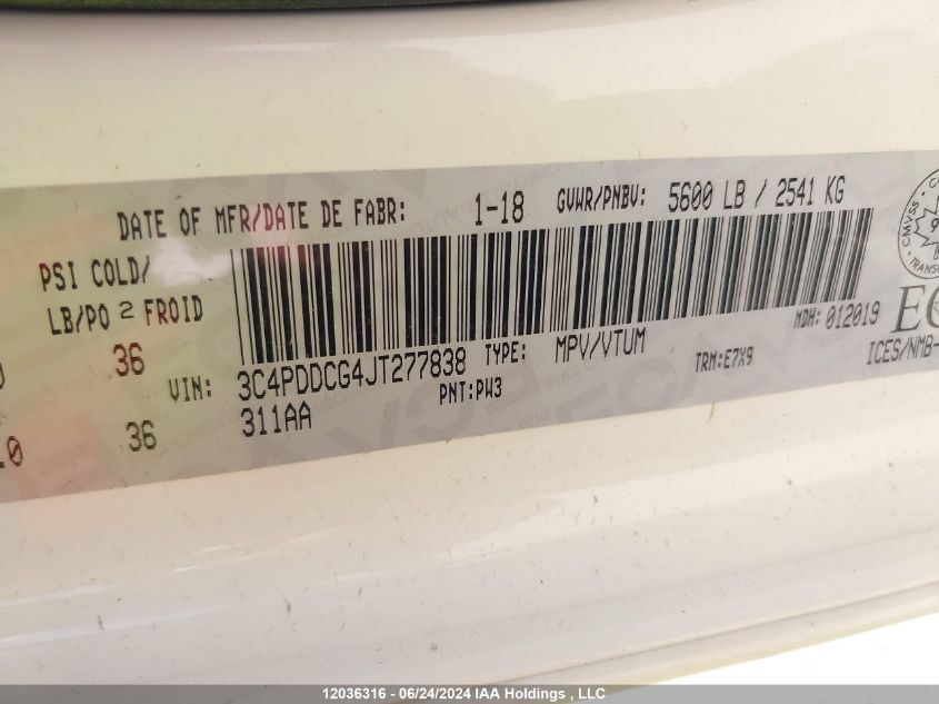 2018 Dodge Journey Sxt VIN: 3C4PDDCG4JT277838 Lot: 12036316