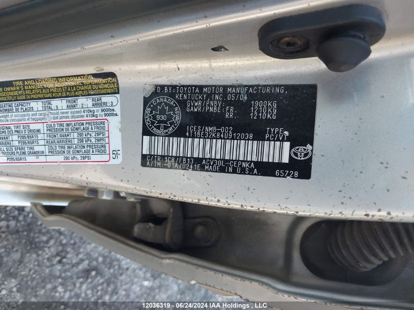 2004 Toyota Camry Le/Se/Xle VIN: 4T1BE32K84U912038 Lot: 12036319