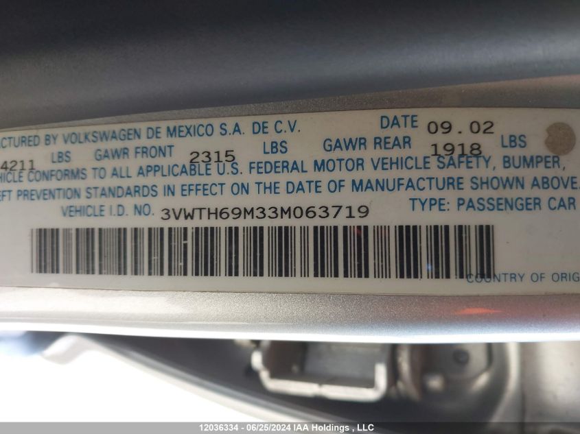 2003 Volkswagen Jetta VIN: 3VWTH69M33M063719 Lot: 12036334