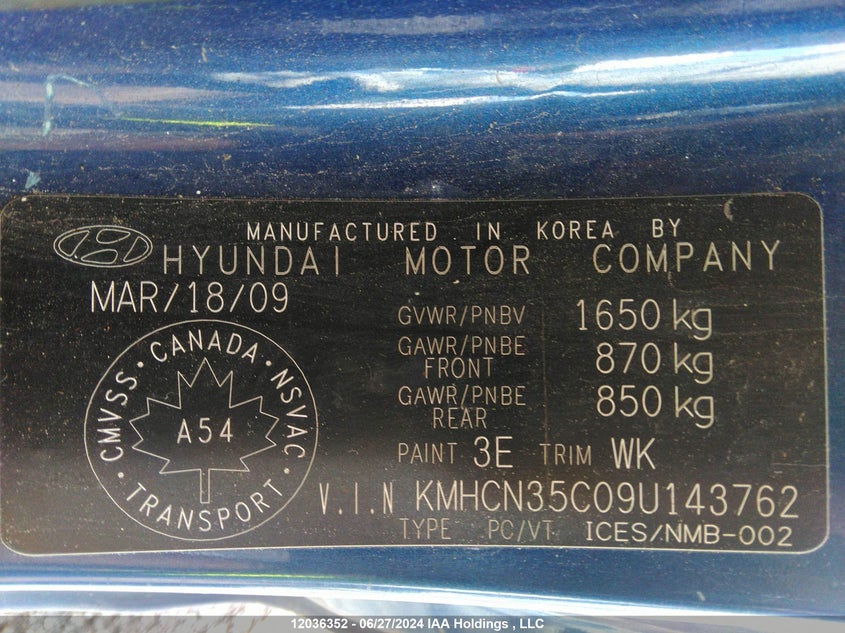 2009 Hyundai Accent Se VIN: KMHCN35C09U143762 Lot: 12036352