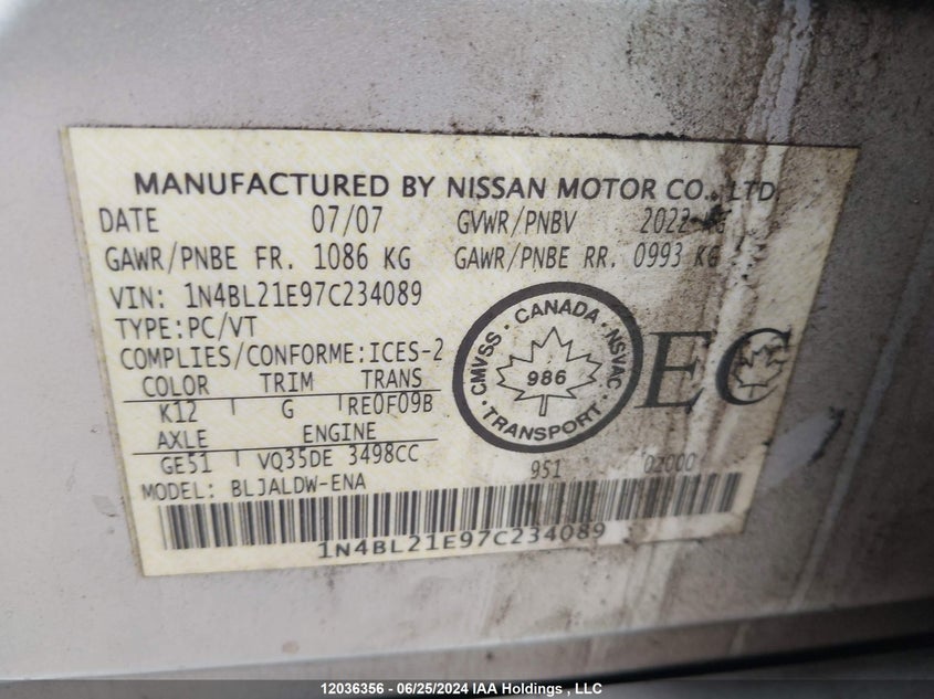 2007 Nissan Altima 3.5Se/3.5Sl VIN: 1N4BL21E97C234089 Lot: 12036356