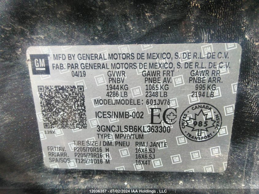 2019 Chevrolet Trax VIN: 3GNCJLSB6KL363300 Lot: 12036357