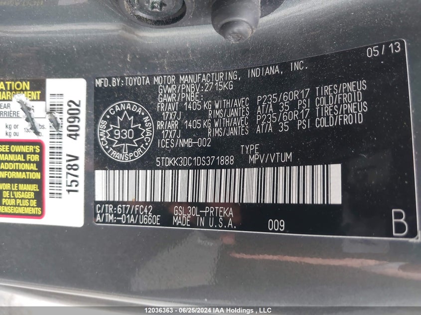 2013 Toyota Sienna Le VIN: 5TDKK3DC1DS371888 Lot: 12036363