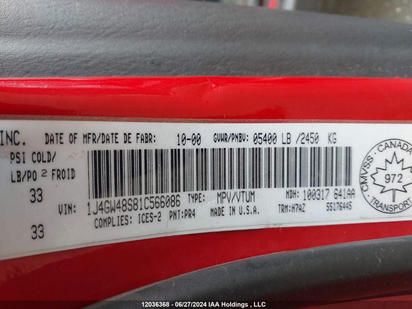 2001 Jeep Grand Cherokee VIN: 1J4GW48S81C566086 Lot: 12036368