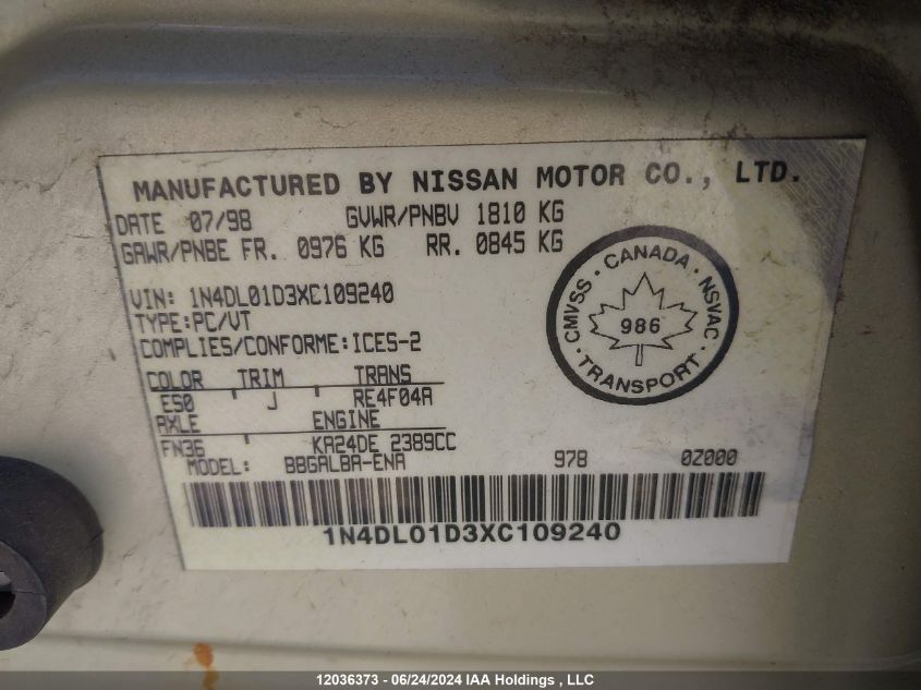 1999 Nissan Altima Xe/Gxe/Se/Gle VIN: 1N4DL01D3XC109240 Lot: 12036373