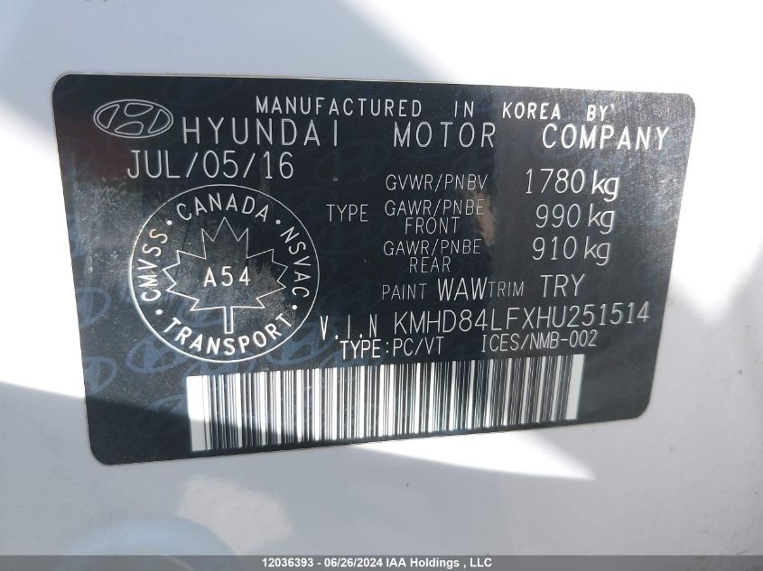 2017 Hyundai Elantra Se/Value/Limited VIN: KMHD84LFXHU251514 Lot: 12036393