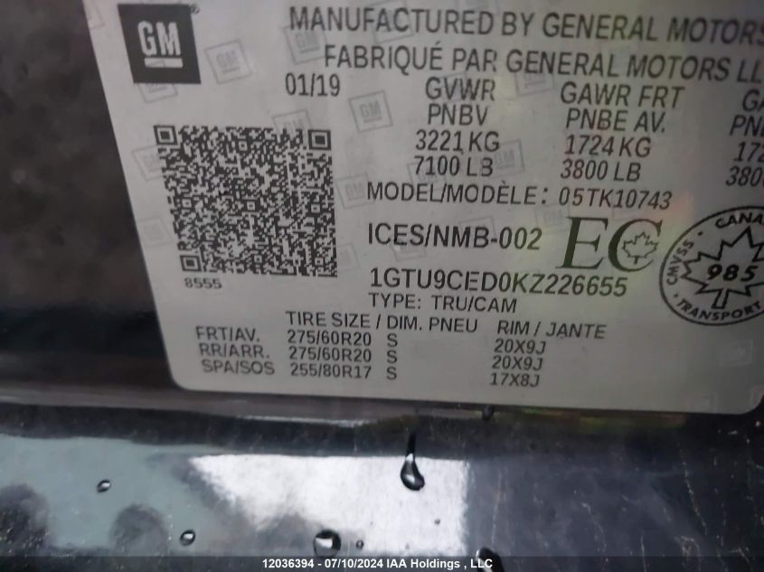 2019 GMC Sierra 1500 VIN: 1GTU9CED0KZ226655 Lot: 12036394