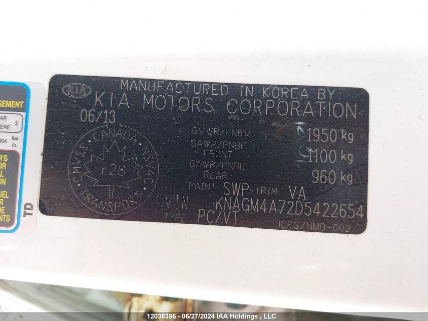 2013 Kia Optima VIN: KNAGM4A72D5422654 Lot: 12036396