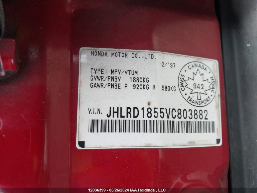 1997 Honda Cr-V Lx VIN: JHLRD1855VC803882 Lot: 12036399