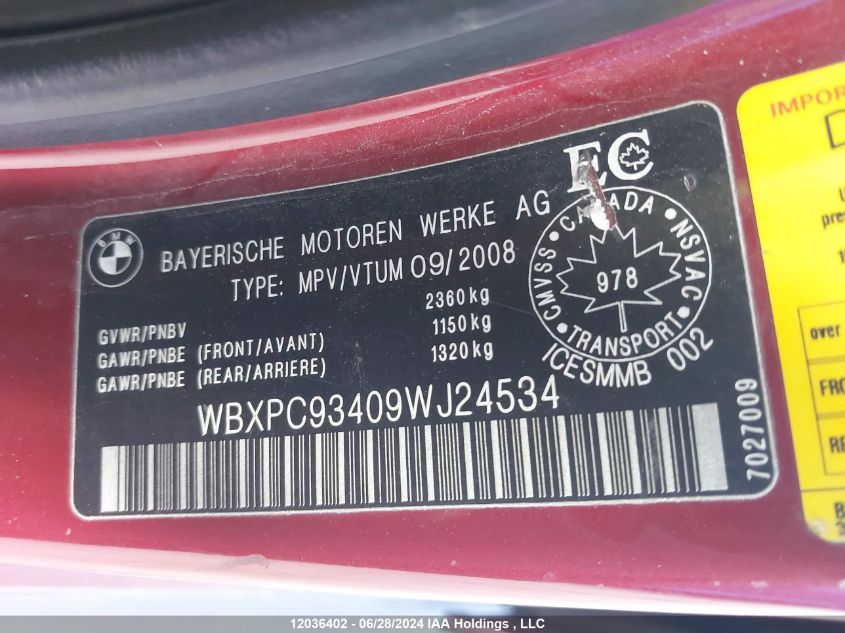 2009 BMW X3 VIN: WBXPC93409WJ24534 Lot: 12036402