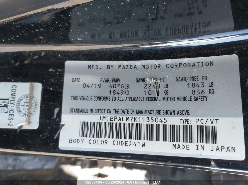 2019 Mazda Mazda3 Sport VIN: JM1BPALM7K1135045 Lot: 12036404