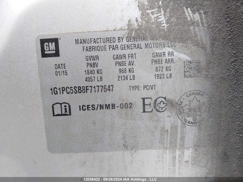 2015 Chevrolet Cruze VIN: 1G1PC5SB8F7177647 Lot: 12036422