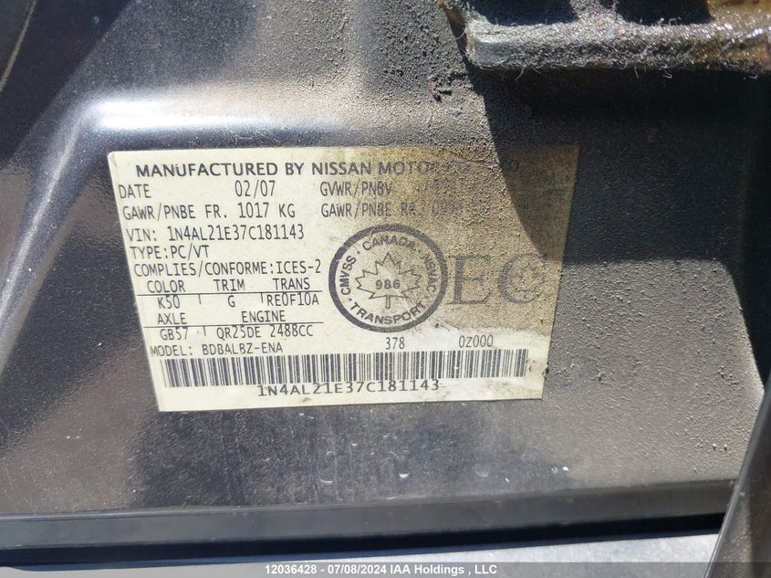 2007 Nissan Altima 2.5/2.5S VIN: 1N4AL21E37C181143 Lot: 12036428
