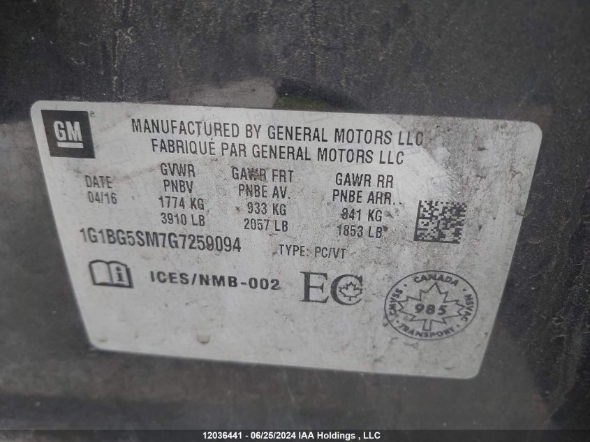 2016 Chevrolet Cruze VIN: 1G1BG5SM7G7259094 Lot: 12036441