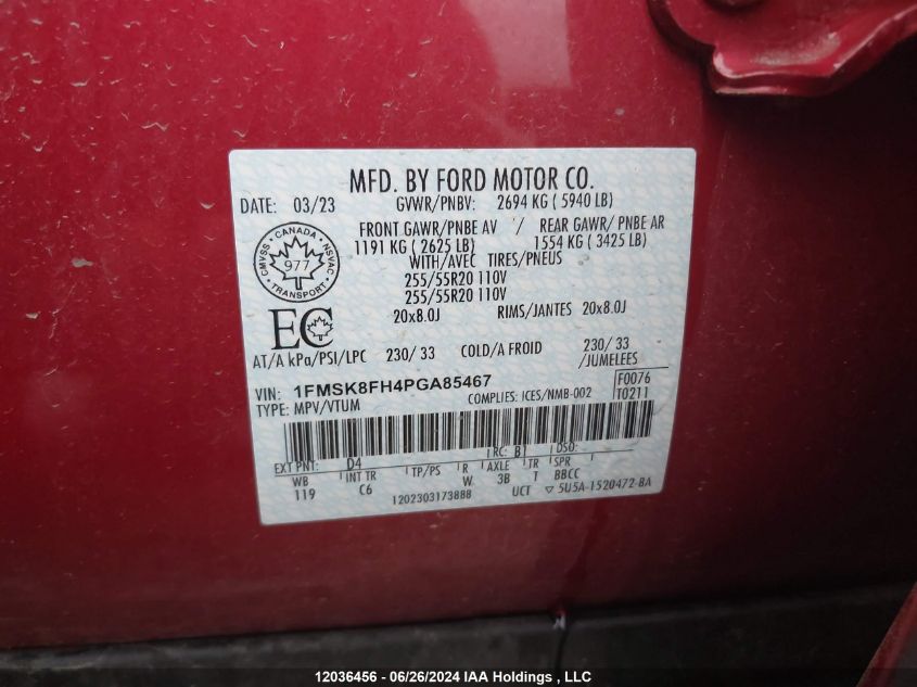 2023 Ford Explorer Limited VIN: 1FMSK8FH4PGA85467 Lot: 12036456