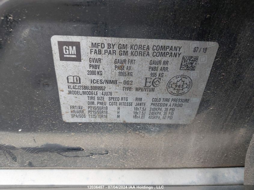 2020 Buick Encore VIN: KL4CJ2SB6LB009552 Lot: 12036457