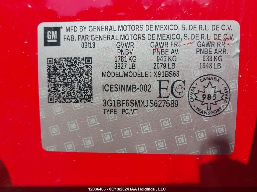 2018 Chevrolet Cruze VIN: 3G1BF6SMXJS627589 Lot: 12036465