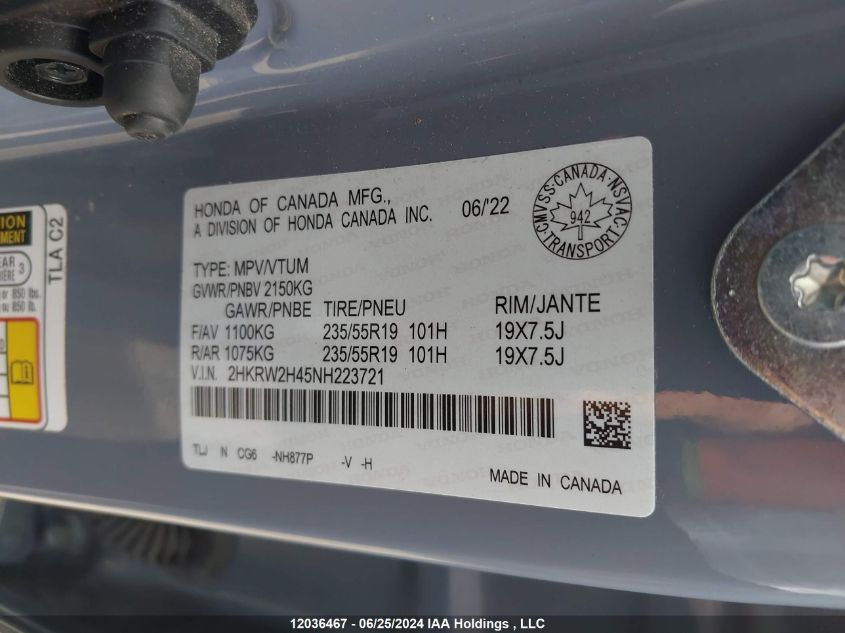 2022 Honda Cr-V VIN: 2HKRW2H45NH223721 Lot: 12036467
