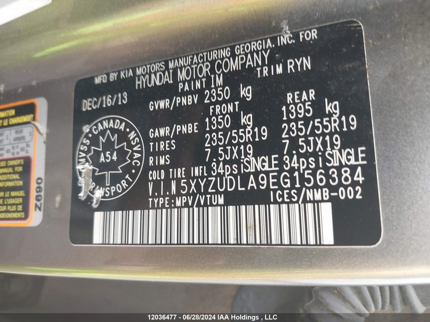 2014 Hyundai Santa Fe VIN: 5XYZUDLA9EG156384 Lot: 12036477