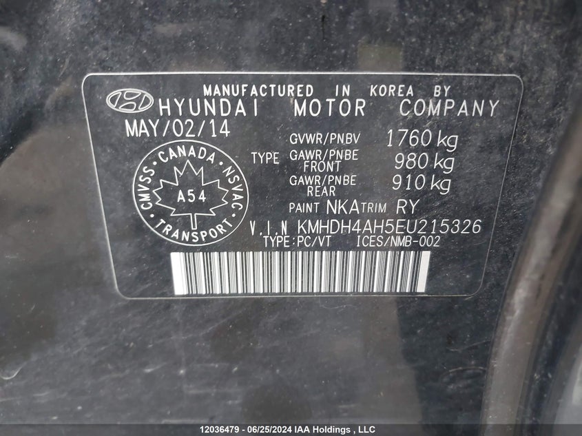 2014 Hyundai Elantra Se/Sport/Limited VIN: KMHDH4AH5EU215326 Lot: 12036479