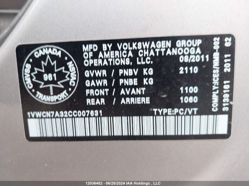 2012 Volkswagen Passat VIN: 1VWCN7A32CC007631 Lot: 12036482