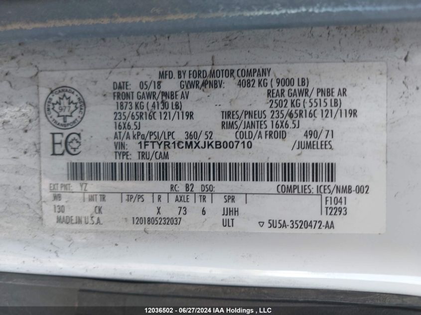 2018 Ford Transit T-250 VIN: 1FTYR1CMXJKB00710 Lot: 12036502