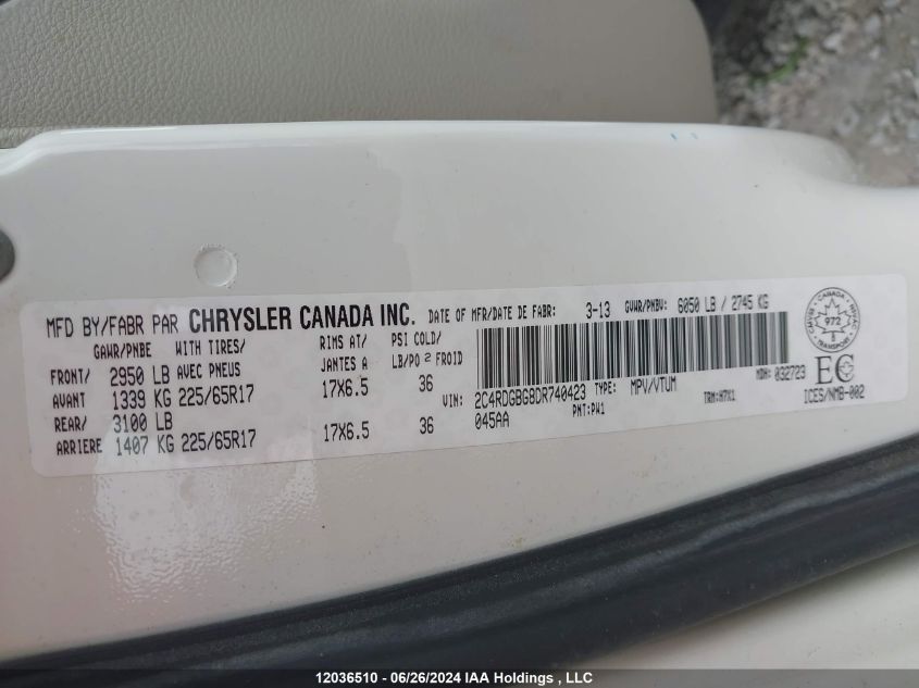 2013 Dodge Grand Caravan Se VIN: 2C4RDGBG8DR740423 Lot: 12036510