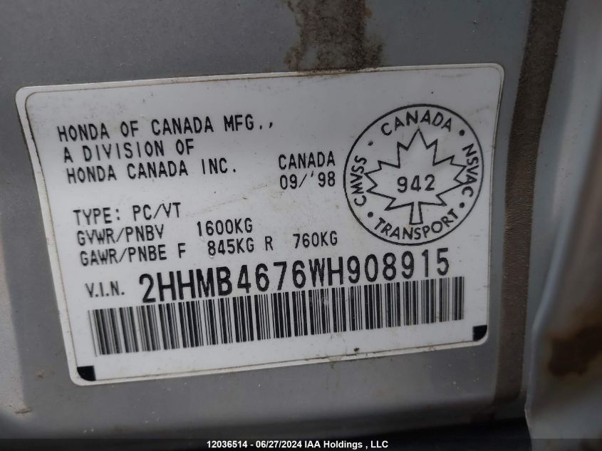 1998 Acura El VIN: 2HHMB4676WH908915 Lot: 12036514