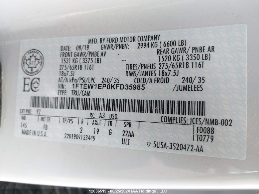 2019 Ford F-150 Xlt VIN: 1FTEW1EP0KFD35985 Lot: 12036519