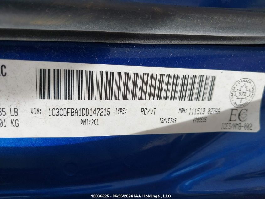 2013 Dodge Dart VIN: 1C3CDFBA1DD147215 Lot: 12036525