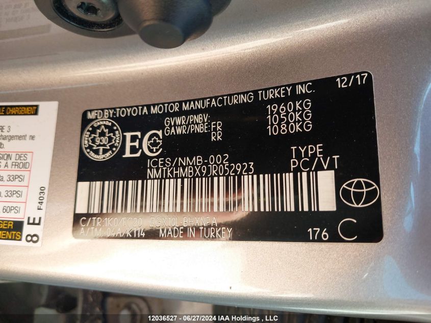 2018 Toyota C-Hr VIN: NMTKHMBX9JR052923 Lot: 12036527