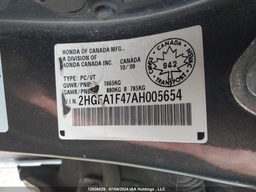 2010 Honda Civic Dx-G VIN: 2HGFA1F47AH005654 Lot: 12036529