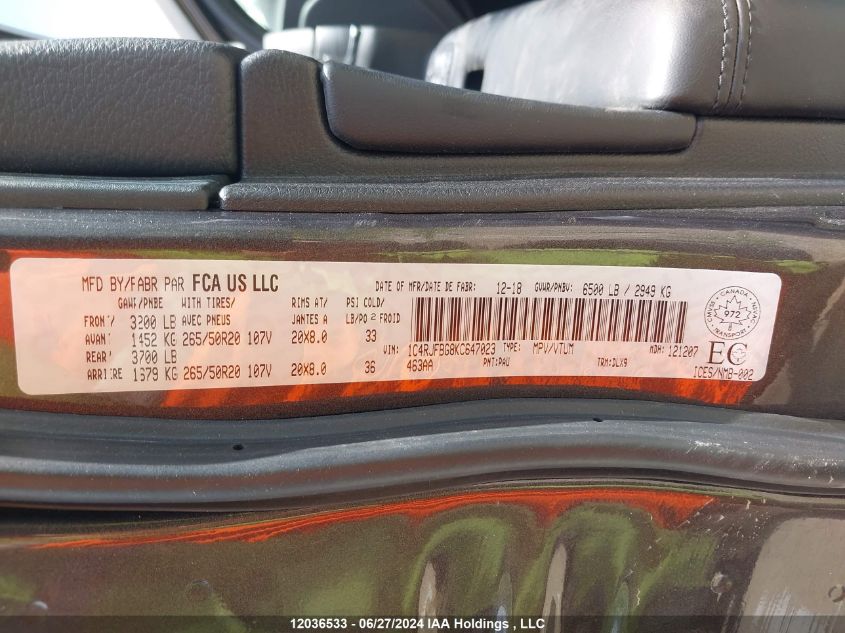 2019 Jeep Grand Cherokee Limited VIN: 1C4RJFBG8KC647023 Lot: 12036533