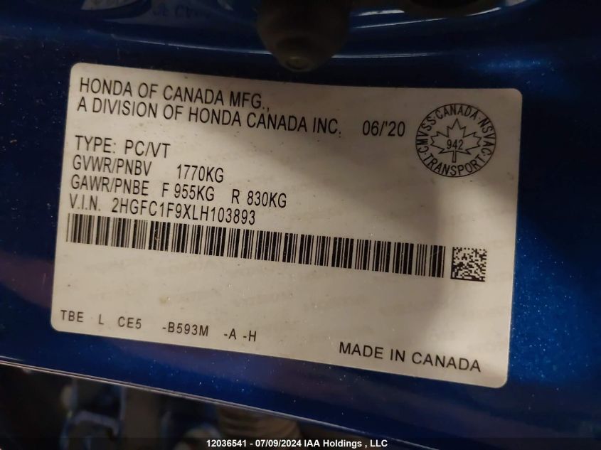 2020 Honda Civic Sedan VIN: 2HGFC1F9XLH103893 Lot: 12036541