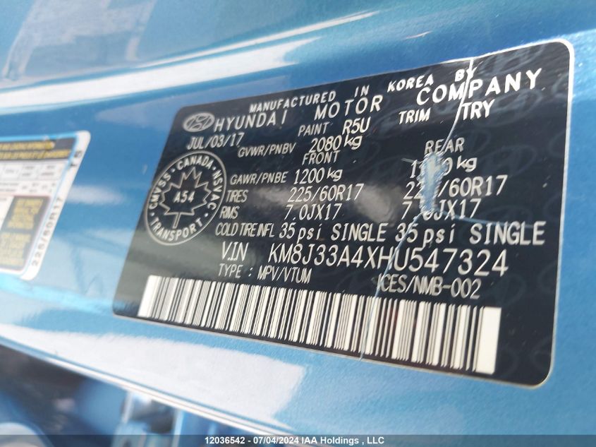 2017 Hyundai Tucson Premium VIN: KM8J33A4XHU547324 Lot: 12036542