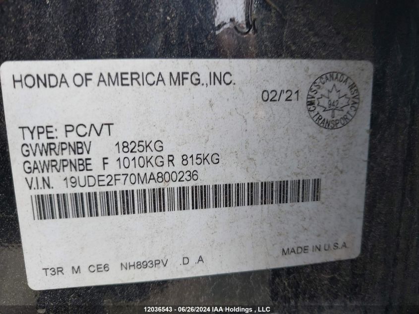 2021 Acura Ilx VIN: 19UDE2F70MA800236 Lot: 12036543