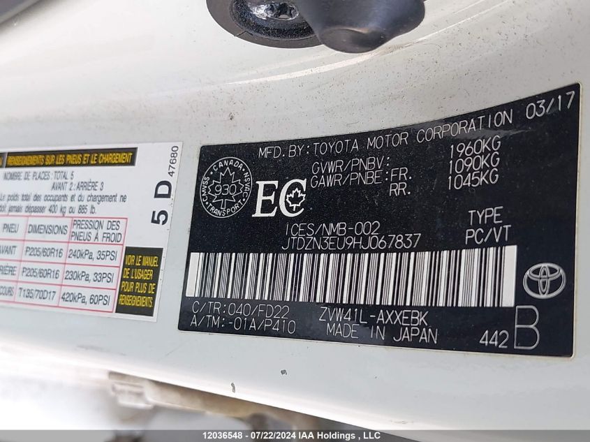 2017 Toyota Prius VIN: JTDZN3EU9HJ067837 Lot: 12036548